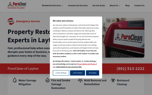 Screenshot of the PuroClean of Layton homepage as it appeared on 2026-08-30, captured at desktop width.