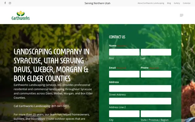 Screenshot of the Earthworks Landscaping Services, Inc. homepage as it appeared on 2026-08-30, captured at desktop width.