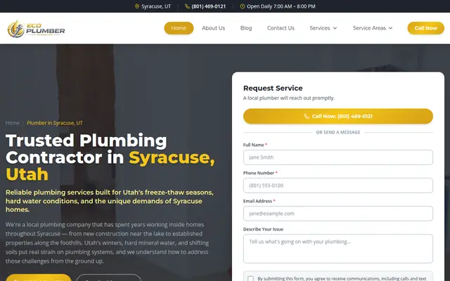 Screenshot of the Eco Plumber Syracuse homepage as it appeared on 2026-08-30, captured at desktop width.