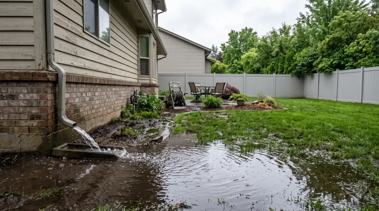 A suburban back yard the morning after heavy rain, with a wide sheet of standing water lying across a low corner of the lawn and a downspout discharging onto saturated ground close to the house.