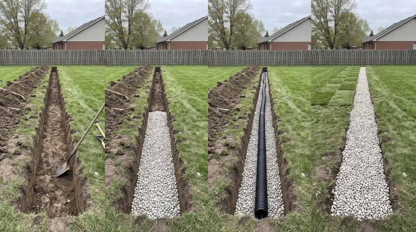 Four photographs of the same trench in sequence: open cut, stone bed, perforated pipe laid in the stone, then stone filled level to the surface.