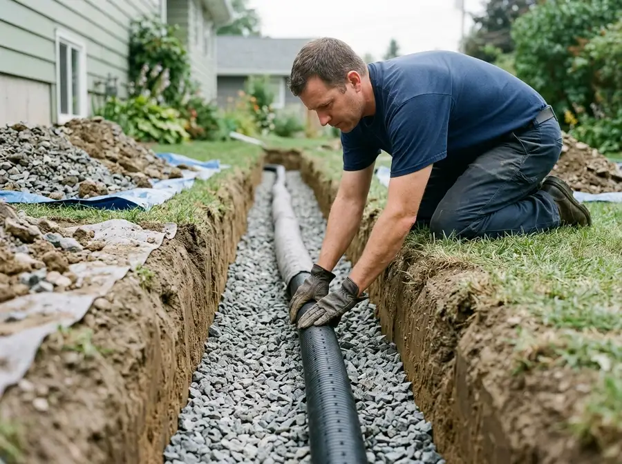 A worker kneeling at the edge of an open trench, seating perforated pipe into a bed of washed stone with both hands.